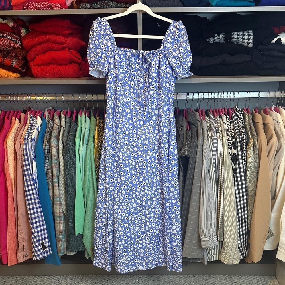 ANDTHEWHY blue/white floral short sleeve back zipper front tie midi dress S NWT